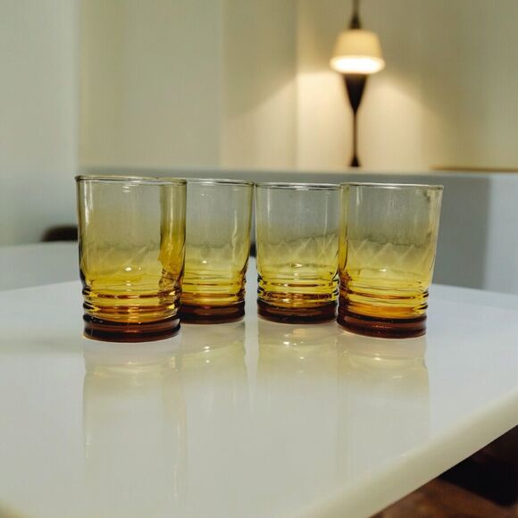 Vtg Amber Juice Glasses Tumbler Set Of 4 Optic Swirl by Libbey Malibu Honeycomb - Picture 2 of 14